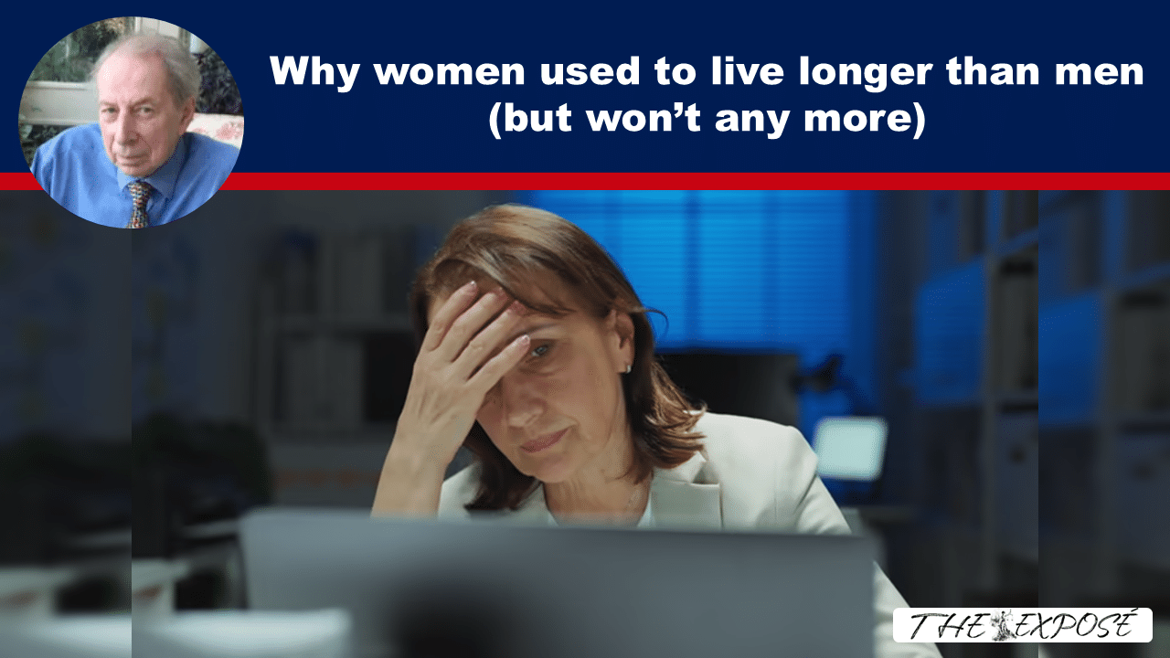 Header banner for an article: 'Why women used to live longer than men (but won’t any more)'; shows a stressed woman at a desk with a round photo of an older man in the top-left corner