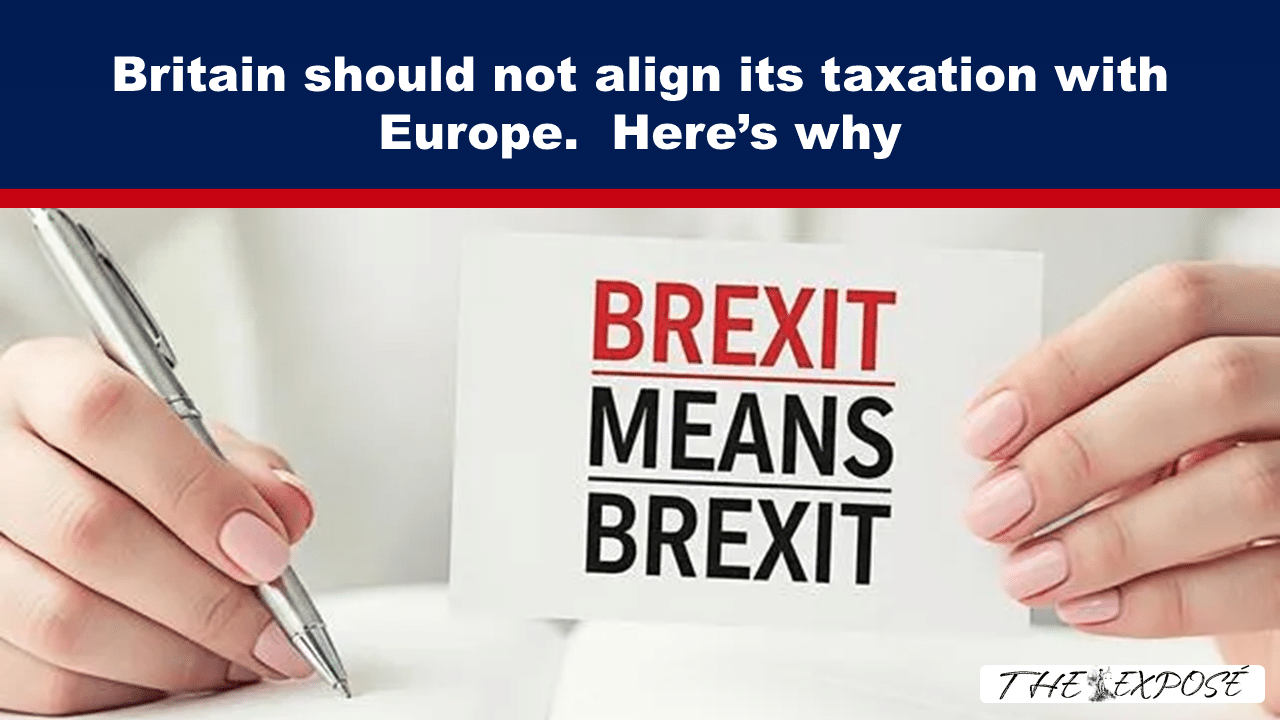 Brexit-themed banner about UK taxation independence; hands hold a card reading 'BREXIT MEANS BREXIT' with a pen nearby.