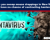 Banner-style image with the headline about cleaning mouse droppings in New Mexico to prevent hantavirus; turquoise virus graphic on the left and a The Exposé watermark on the bottom right.