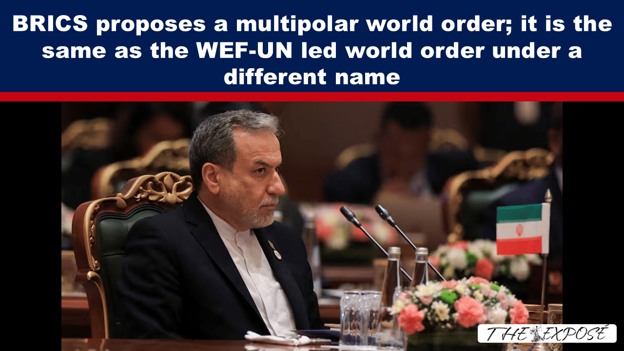 On a BRICS news banner, a man in a dark suit sits at a conference table with microphones and an Iranian flag nearby.