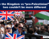Split-screen protest image: left shows a crowd waving Union Jack flags at a pro-British rally; right shows a crowd with Palestinian flags and signs like 'Stop the Genocide' at a pro-Palestinian protest. A blue banner with bold white text spans the top.