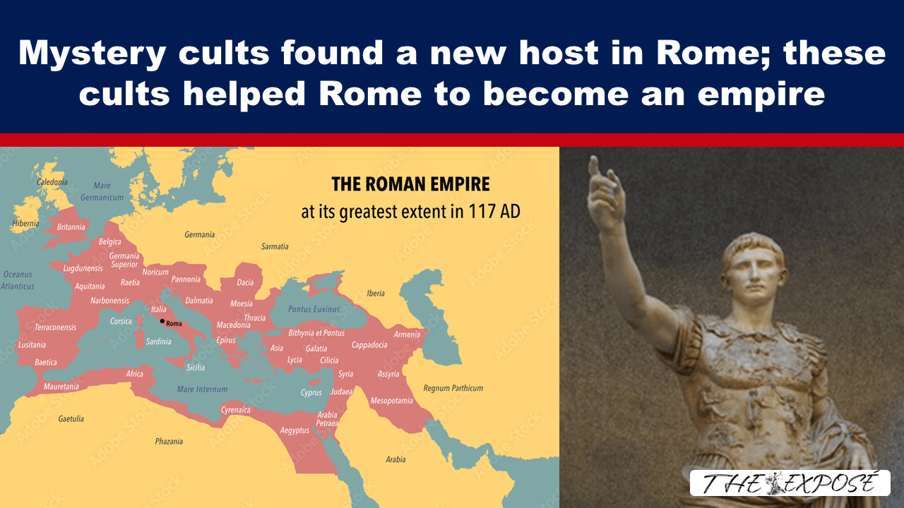Hero image with a map of the Roman Empire on the left and a Roman emperor statue on the right, overlaid with the headline about mystery cults in Rome.
