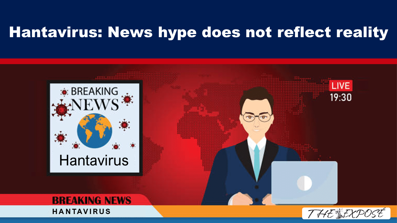 Breaking news broadcast about hantavirus with world map, anchor at a laptop, and Live 19:30 indicator.