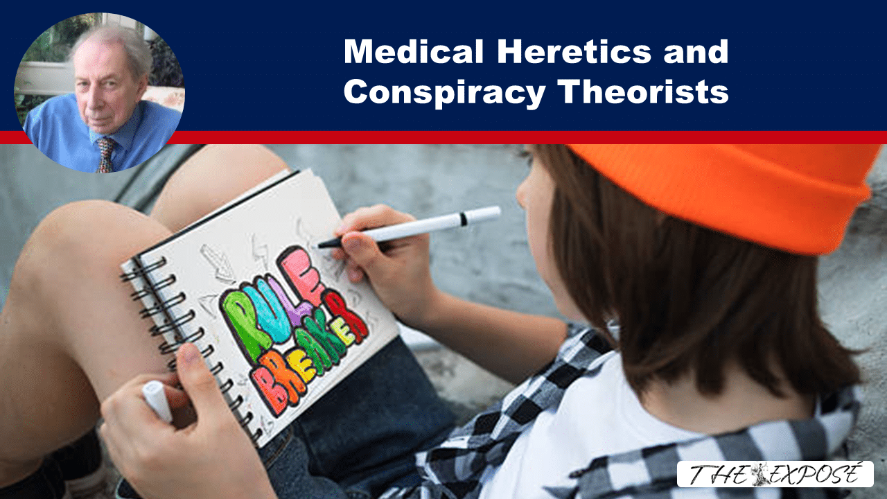 Bold banner reading 'Medical Heretics and Conspiracy Theorists' with a circular portrait on the left and a person drawing 'Rule Breaker' in a notebook, wearing an orange beanie.