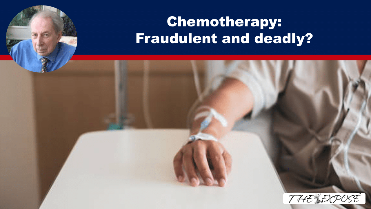 Patient in a hospital bed with an IV line in their arm, accompanying an article about chemotherapy being fraudulent and deadly.