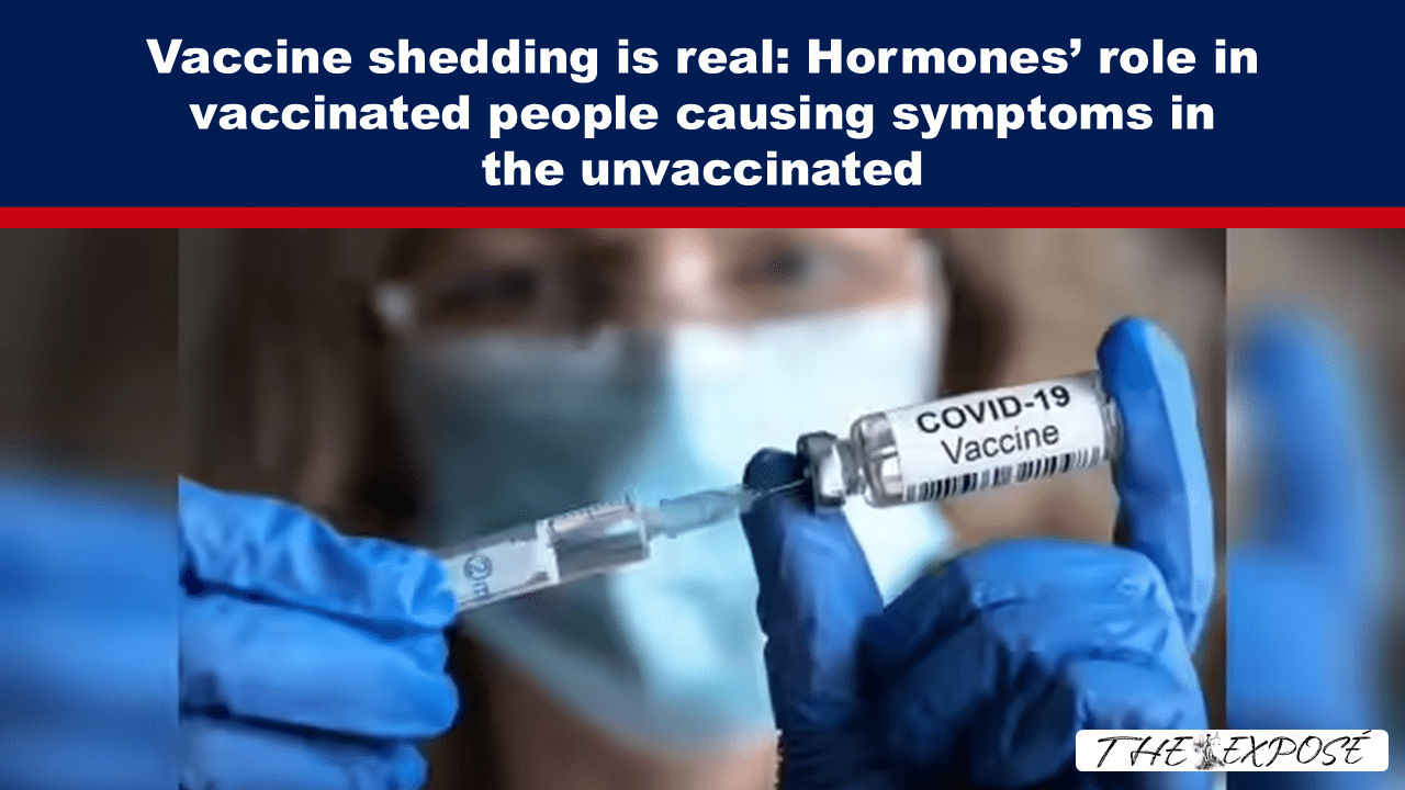 - The Expose Close-up of a vaccine syringe drawing from a vial labeled COVID-19 Vaccine, gloved hands, with a masked person blurred in the background; top banner discusses vaccine shedding.