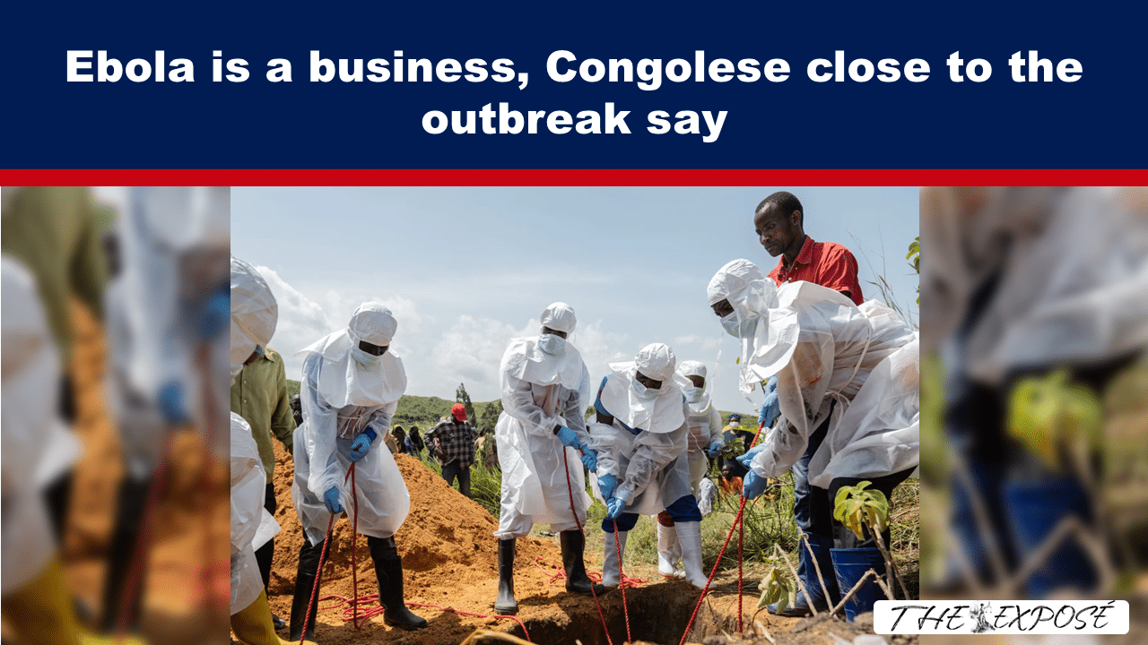 Healthcare workers in white hazmat suits dig a trench for burial during an Ebola outbreak response in Congo