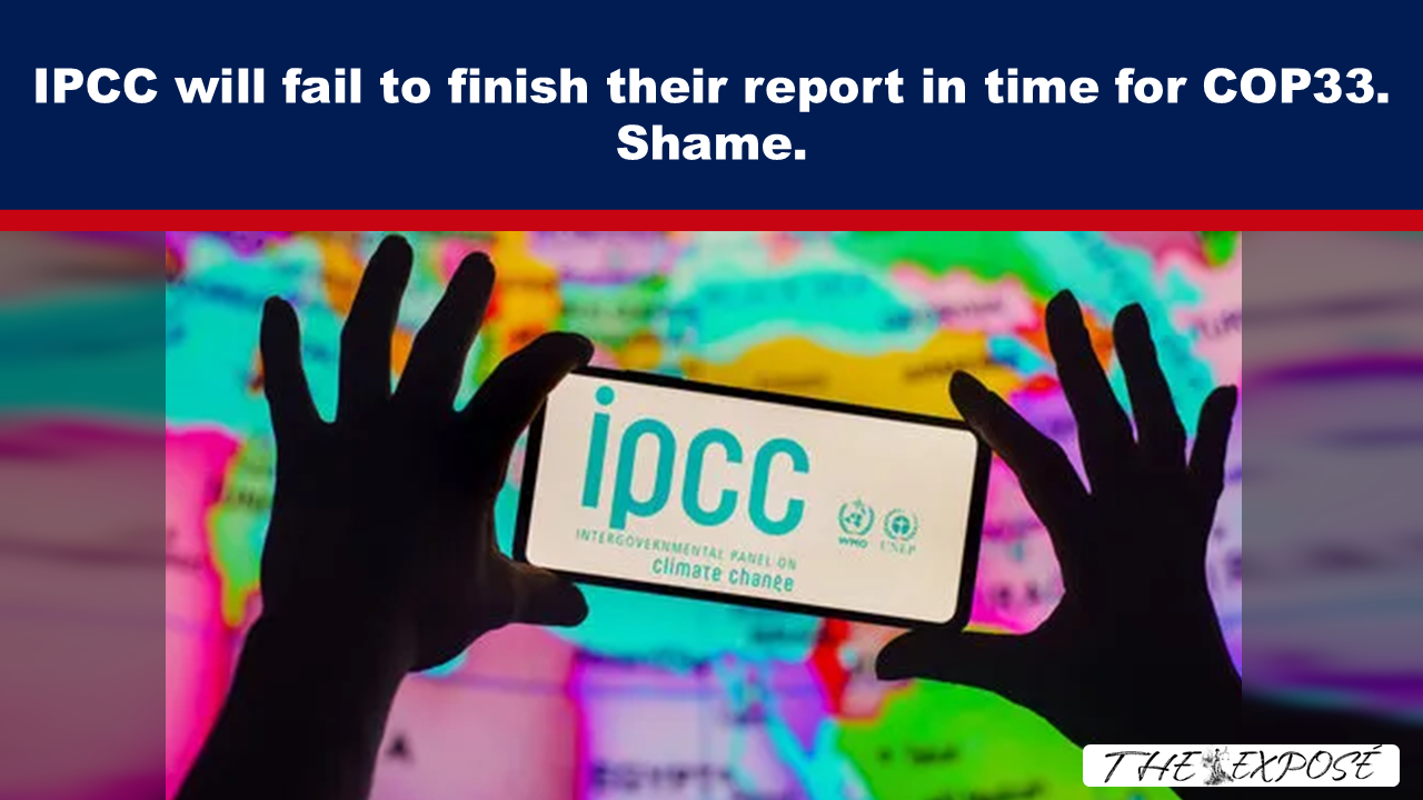 Hands hold a smartphone displaying the IPCC logo against a colorful world map background; banner text discusses the IPCC delaying its COP33 report.