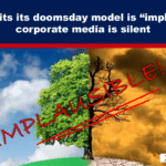 Nieuwsminiatuur: gesplitste afbeelding met een groene boom aan de linkerkant, een verschroeid, rokerig landschap aan de rechterkant, een rode 'IMP...ABLE'-stempel in het midden en een vetgedrukte kop over het feit dat het doomsday-model van het IPCC onwaarschijnlijk is; bron 'The Expose'-watermerk ernaast.