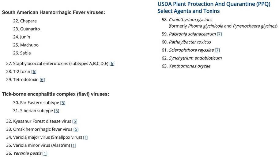 Two-column list labeling hazardous pathogens: South American hemorrhagic fever viruses, tick-borne flavivirus complex viruses, and USDA PPQ select agents and toxins with scientific names.