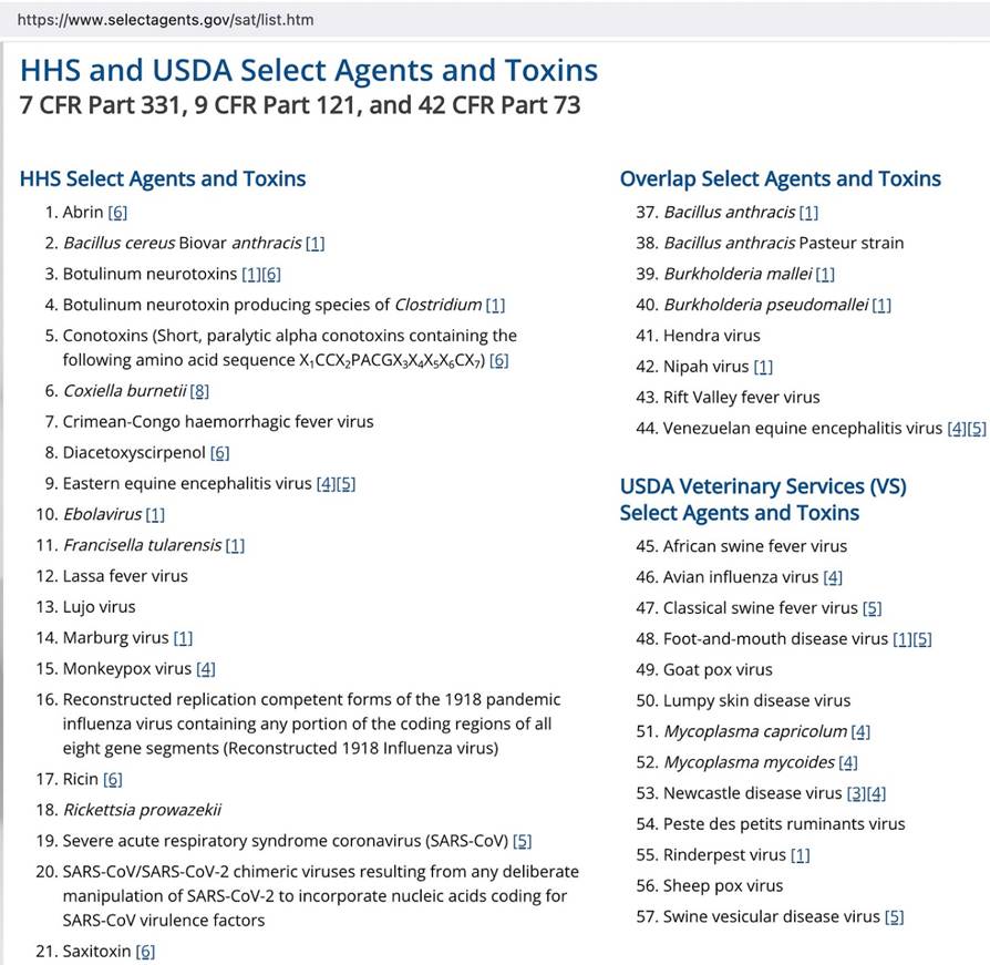 Web page listing HHS and USDA select agents and toxins with two columns: HHS Select Agents and Toxins and Overlap Select Agents and Toxins (and a VS list).