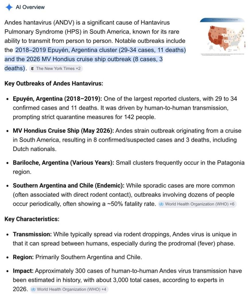 Informational infographic about Andes hantavirus outbreaks, noting Epuyén (2018–2019) and MV Hondius cruise ship (May 2026), with a small map inset on the right and bullet key outbreaks and characteristics listed below the title.