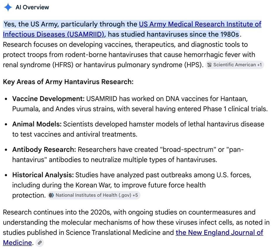 AI Overview: page describing US Army hantavirus research by USAMRIID, with sections on vaccine development, animal models, antibody research, and historical analysis; ongoing studies into the 2020s.