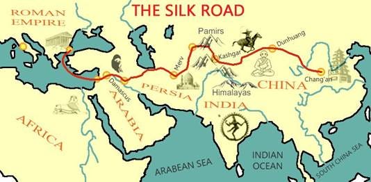 Map of the Silk Road showing the overland trade route from the Roman Empire to China across Persia, Central Asia and the Indian subcontinent.
