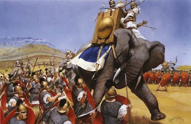 Painting of a war elephant charging a line of shielded soldiers with spears on a dusty battlefield.