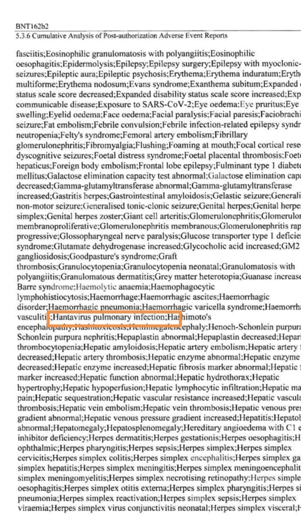 image - The Expose Scanned medical reference page listing diseases; the highlighted line shows 'Hantavirus pulmonary infection'.