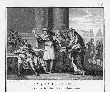 Engraving of Tarquin the Proud: a Roman noble gestures toward a man lying on a couch as attendants tend him, with columns in the background.