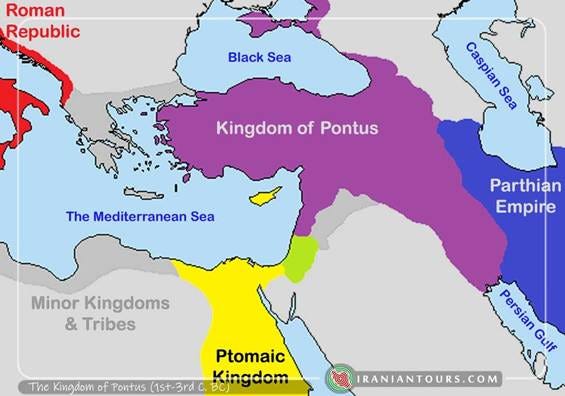 Map of the ancient world showing kingdoms: purple Kingdom of Pontus across Asia, yellow Ptolemaic Kingdom along the Nile, dark blue Parthian Empire, gray Minor Kingdoms and Tribes, with seas labeled (Black Sea, Caspian Sea)