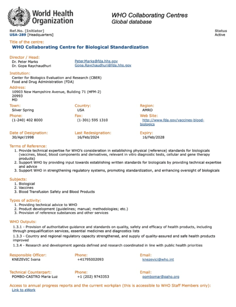 image - The Expose Official WHO document header for the Collaborating Centre for Biological Standardization, with director names, address, and contact info.