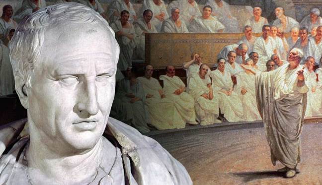 White marble bust in the foreground with a painted Roman Senate scene in the background, suggesting a classical or historical theme.
