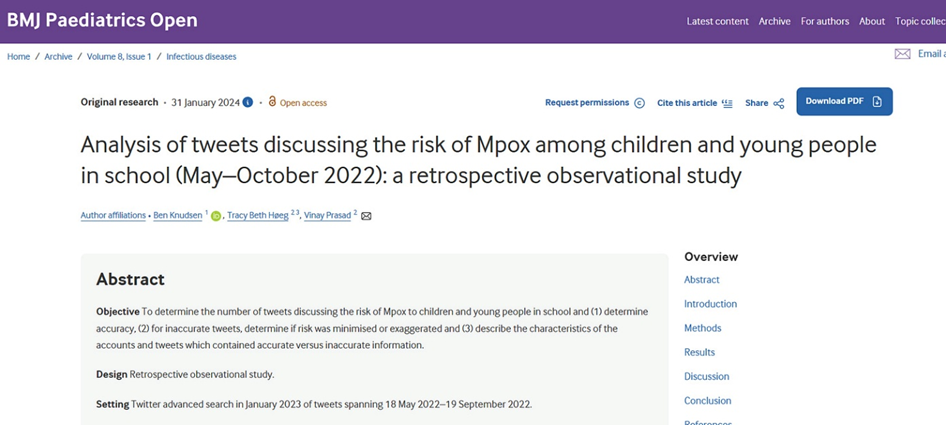 BMJ Paediatrics Open article page displaying the study title about mpox risk in children, with an Abstract panel on the left and an Overview menu on the right.