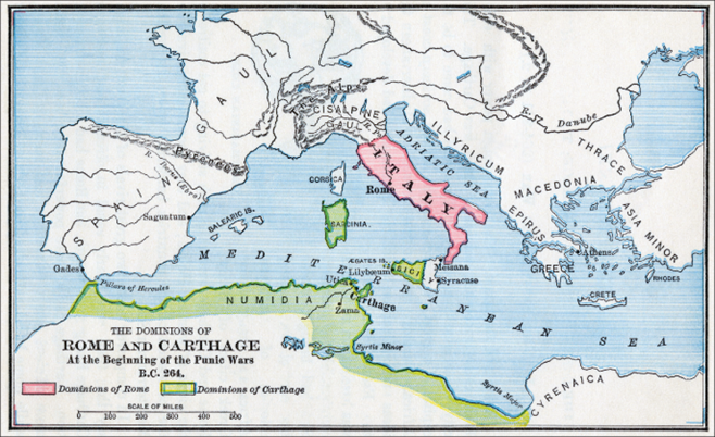 Map of Rome and Carthage dominions around the Mediterranean at the start of the Punic Wars (B.C. 264).