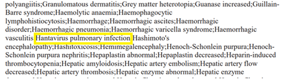 Dense list of medical conditions; 'Hantavirus pulmonary infection' is highlighted.