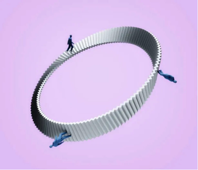 Abstract illustration of a white corrugated loop forming an endless circle on a purple background, with three blue human silhouettes along the loop.