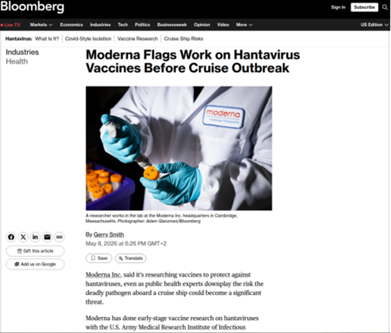 Bloomberg article header about Moderna hantavirus vaccines; researcher in blue gloves holds a vial.