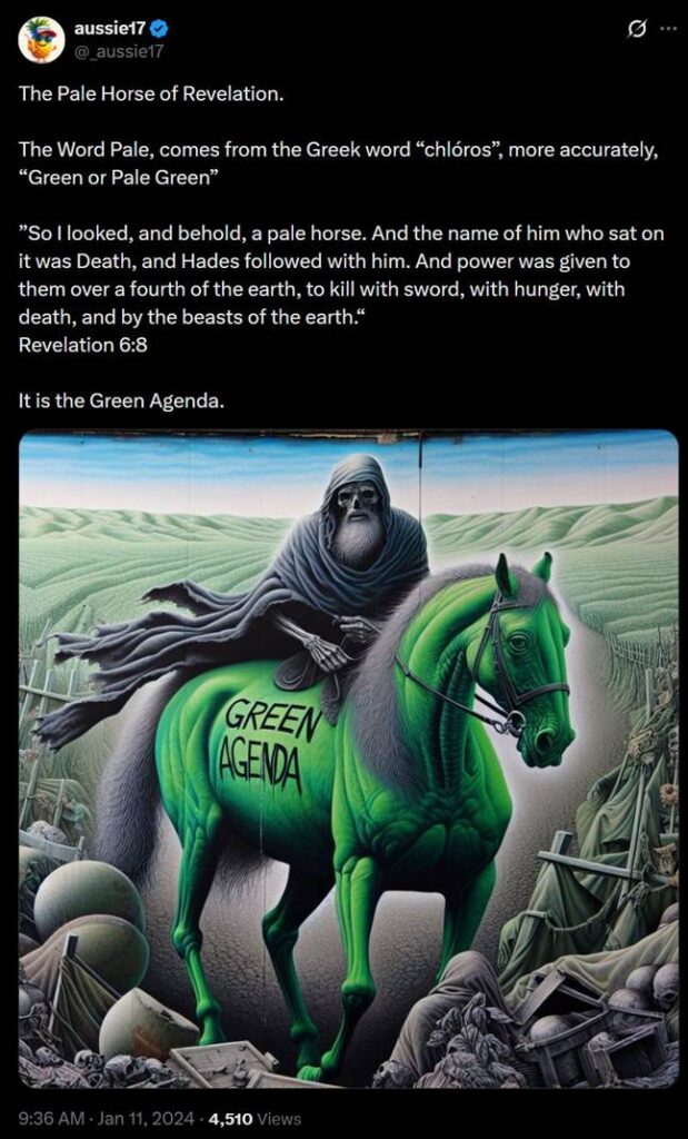 image - The Expose Cartoon of a pale, cloaked rider on a bright green horse labeled 'Green Agenda' trudging through a ruined landscape, signaling a warning about environmental policy.