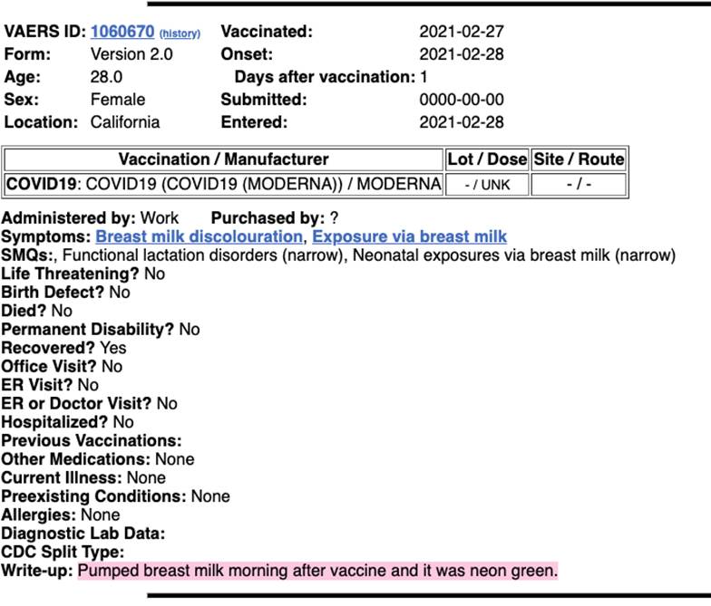 image - The Expose Vaccination record: vaccinated 2021-02-27; breast milk discoloration after Moderna; note: pumped milk neon green color.