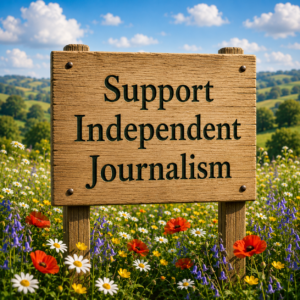 A wooden sign with "Support Independent Journalism" written on it, in a field of spring flowers