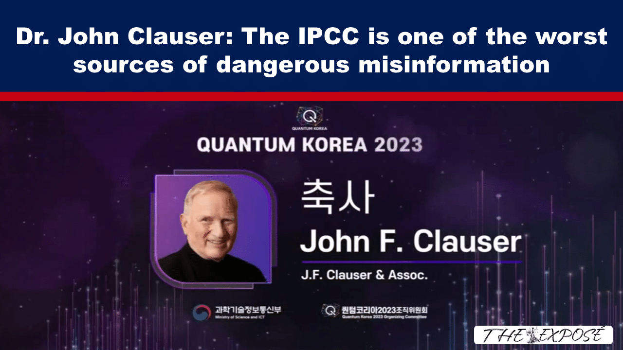 JunFeat10b - The Expose Dark banner with bold white headline accusing Dr. John Clauser; below is Quantum Korea 2023 poster featuring John F. Clauser's portrait in purple frame.