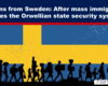 News cover: headline about Sweden and immigration over a stylized Swedish flag with silhouettes of refugees walking in the foreground.