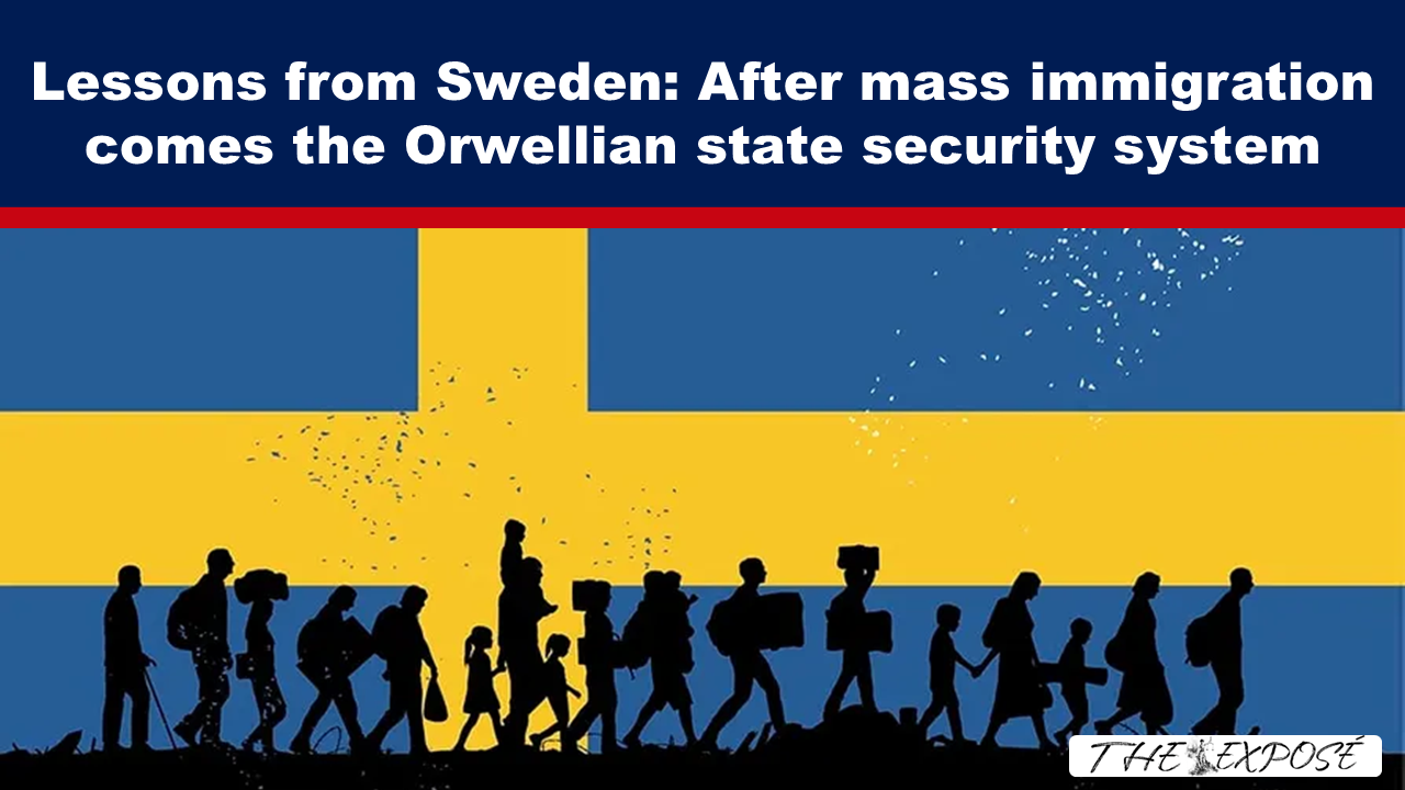 News cover: headline about Sweden and immigration over a stylized Swedish flag with silhouettes of refugees walking in the foreground.