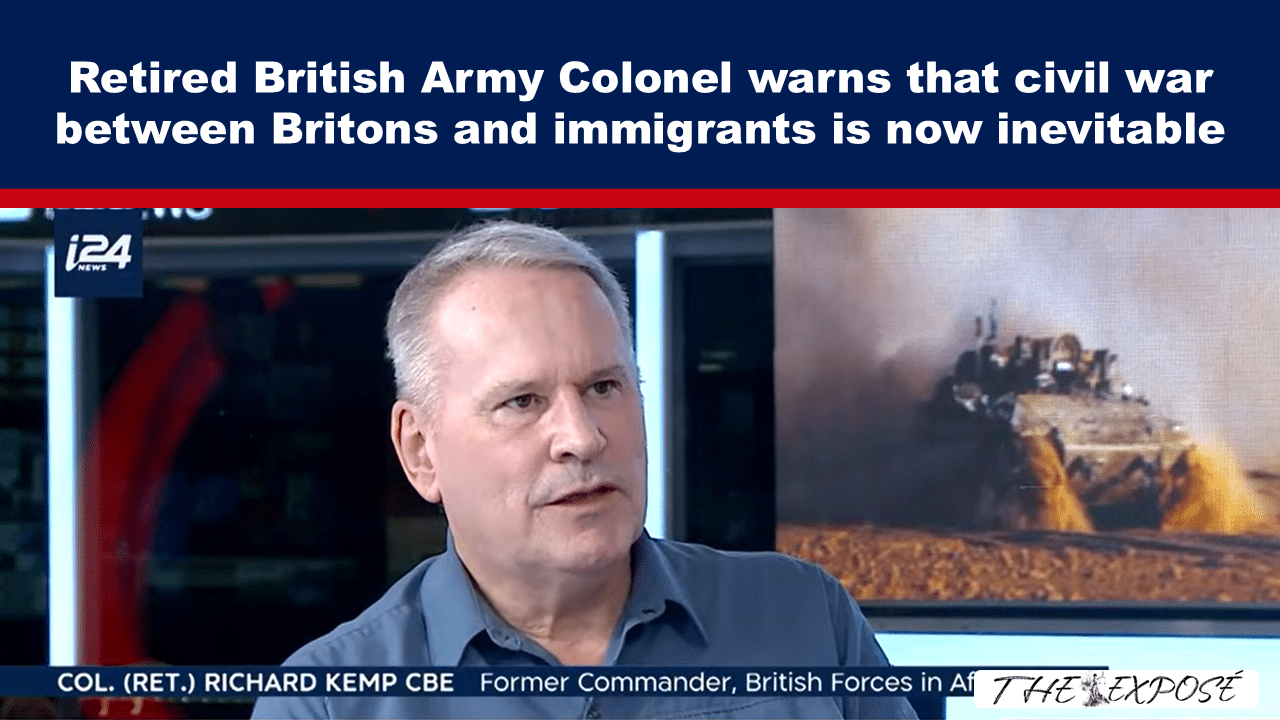 JunFeat12b - The Expose News interview with Col. (Ret.) Richard Kemp CBE discussing civil-war risk in Britain on i24 News set.