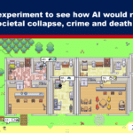 Isometric map of a multi-room building in a bright green yard, with small characters and labeled rooms (AB, RP, IR, AS) indicating different areas in a town-simulation game