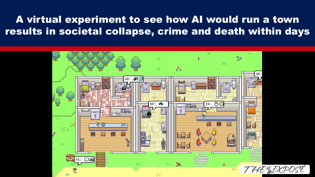JunFeat13b - The Expose Isometric map of a multi-room building in a bright green yard, with small characters and labeled rooms (AB, RP, IR, AS) indicating different areas in a town-simulation game
