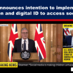 Breaking-news image of a politician at a podium with UK flags, announcing facial recognition and digital ID for social media access.