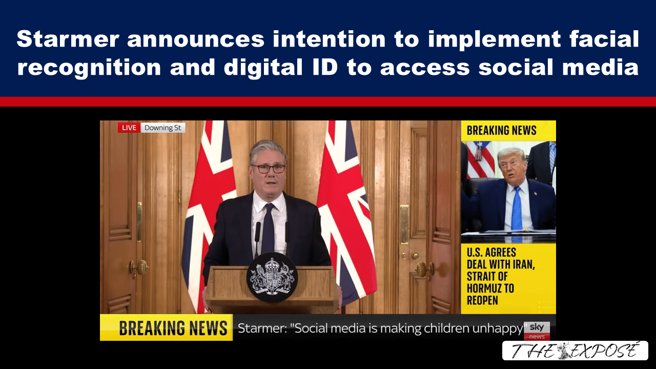 Breaking-news image of a politician at a podium with UK flags, announcing facial recognition and digital ID for social media access.