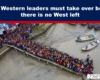 Large crowd packed on a bridge over a muddy river with small boats nearby; headline at top discusses Western leaders taking over.