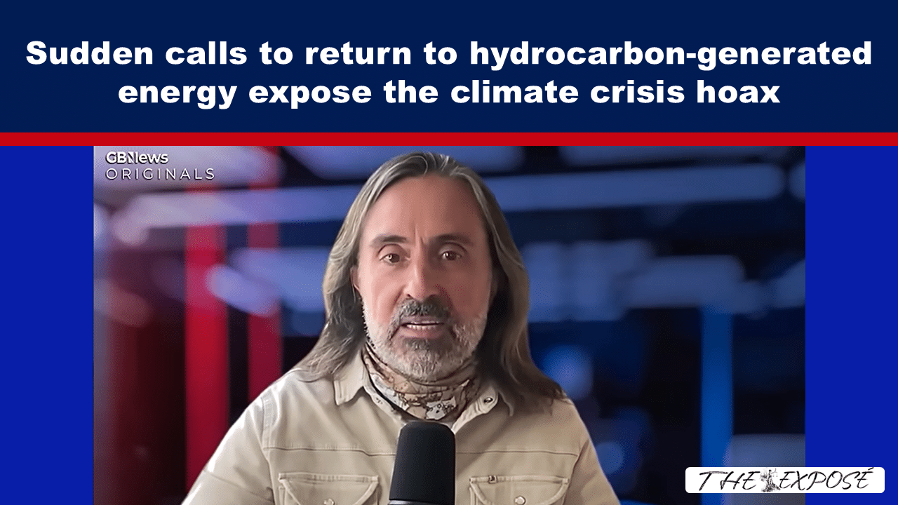 Video thumbnail showing a man with long hair and a scarf speaking into a microphone on a blue news set, with a headline about a climate crisis hoax at the top.