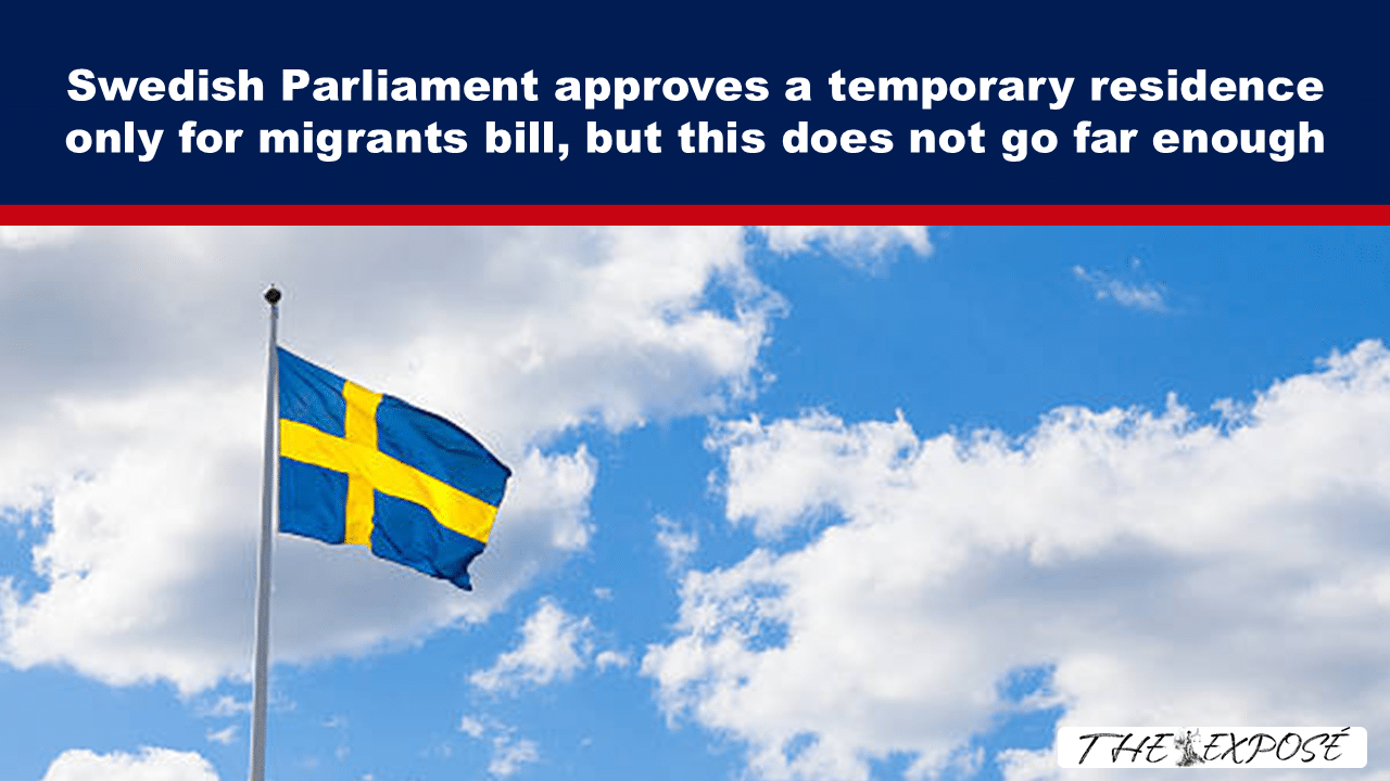 Swedish flag waving on a tall flagpole against a blue sky with clouds; used for a migrants bill article header.