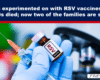 Gloved hand holds an RSV vaccine vial and syringe under a dark blue banner about infant trials and lawsuits.