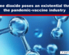 Headline banner claiming chlorine dioxide threatens the pandemic‑vaccine industry, over a blue chemical model image with a red divider and The Exposé watermark.