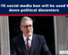 News banner headline: 'Under-16 social media ban will be used to shut down political dissenters' over a man speaking at a podium outside a building.