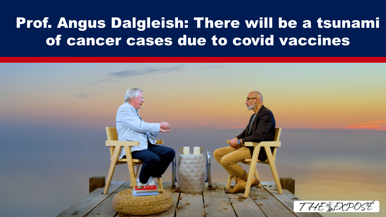 Headline reads 'Prof. Angus Dalgleish: There will be a tsunami of cancer cases due to covid vaccines' with two men seated on a dock at sunset, engaged in conversation.