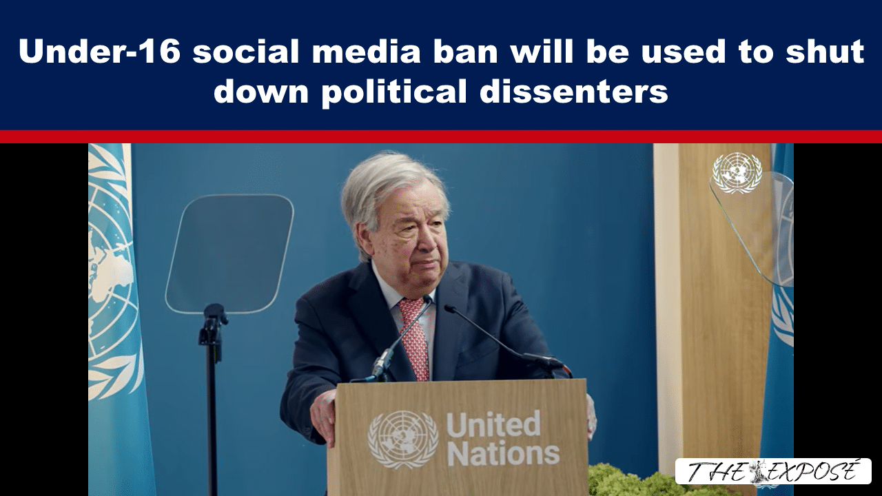 Banner headline about an under-16 social media ban; man in a suit speaks at a United Nations podium.