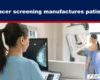 Medical professional reviews a mammogram on a monitor while a patient stands at a mammography machine in a clinic.