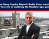 Headline banner reads: 'The Rape Gang Inquiry Report: Sadiq Khan must answer for his role in enabling the Muslim rape gangs' with a man in a suit on a riverfront terrace and Tower Bridge in the background.